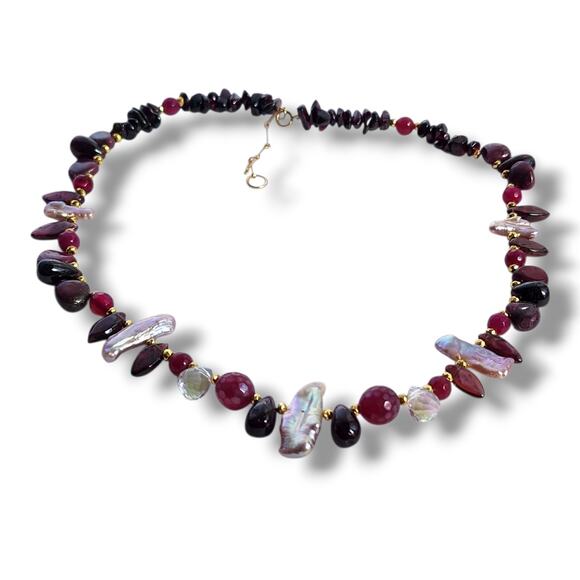 Handmade Artisan Necklace Genuine Garnet, Pearl 14K Gold Filled January Stone - Picture 1 of 9
